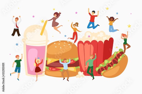 Fast food and mini jumping people interacting with junk food hamburger, french fries, soda, hot dog and donut cartoon vector illustration. Fastfood snack meal make happy in street restaurant isolated.