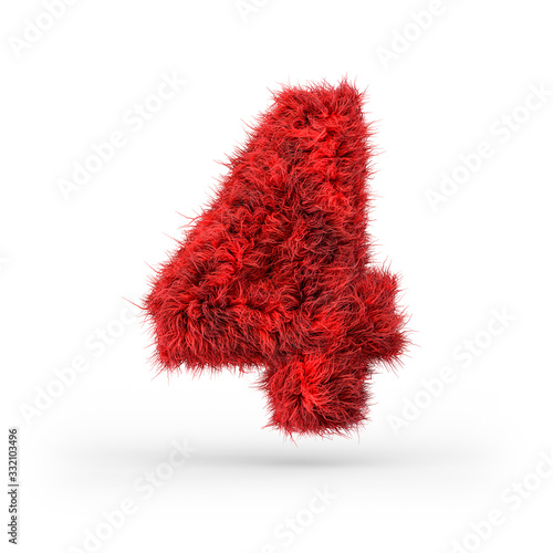 Number 4. Digital sign. Red fluffy and furry font. 3D