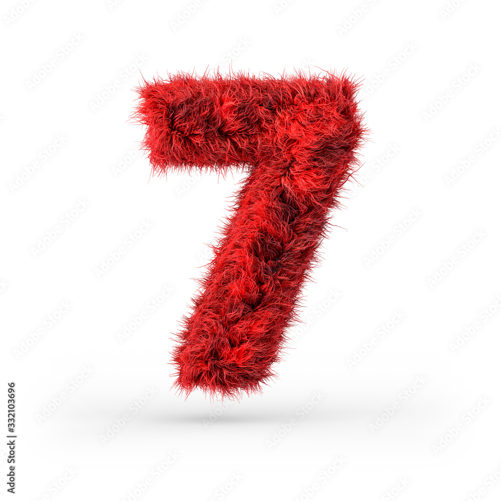 Number 7. Digital sign. Red fluffy and furry font. 3D