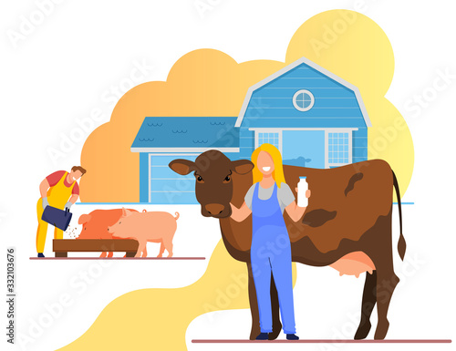 Farming Rancher People Working on Animal Farm. Milkmaid Woman in Uniform Holding Milk Bottle Stand near Cow, Man Feeding Pigs. Dairy, Pork Farmer Agriculture Products, Cartoon Flat Vector Illustration