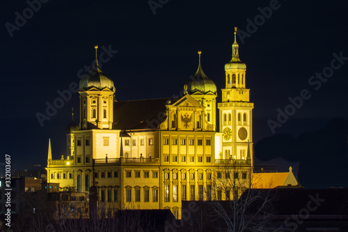 Town hall and perlach tower Augsburg at night