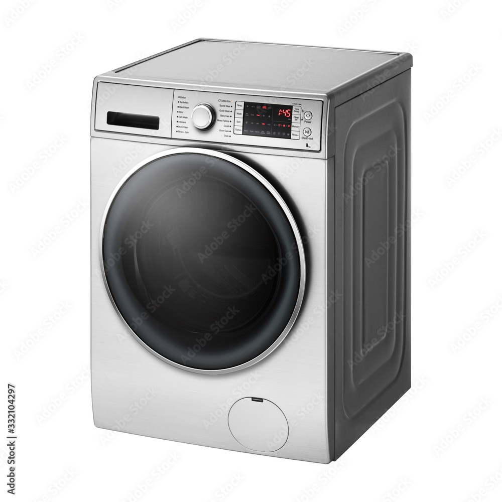 Washing Machine Isolated on White Background. Side View of Stainless