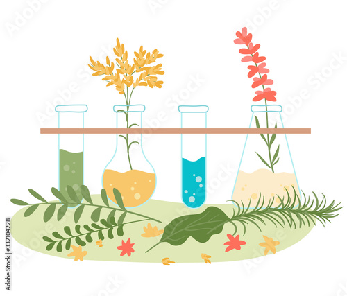 Homeopathy and natural herbal treatment, naturopathic health herbs extracts collection isolated on white flat vector illustration. Herbs, medical flower and homeopathic substances, treatment in flask.