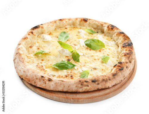 Delicious cheese pizza with basil isolated on white