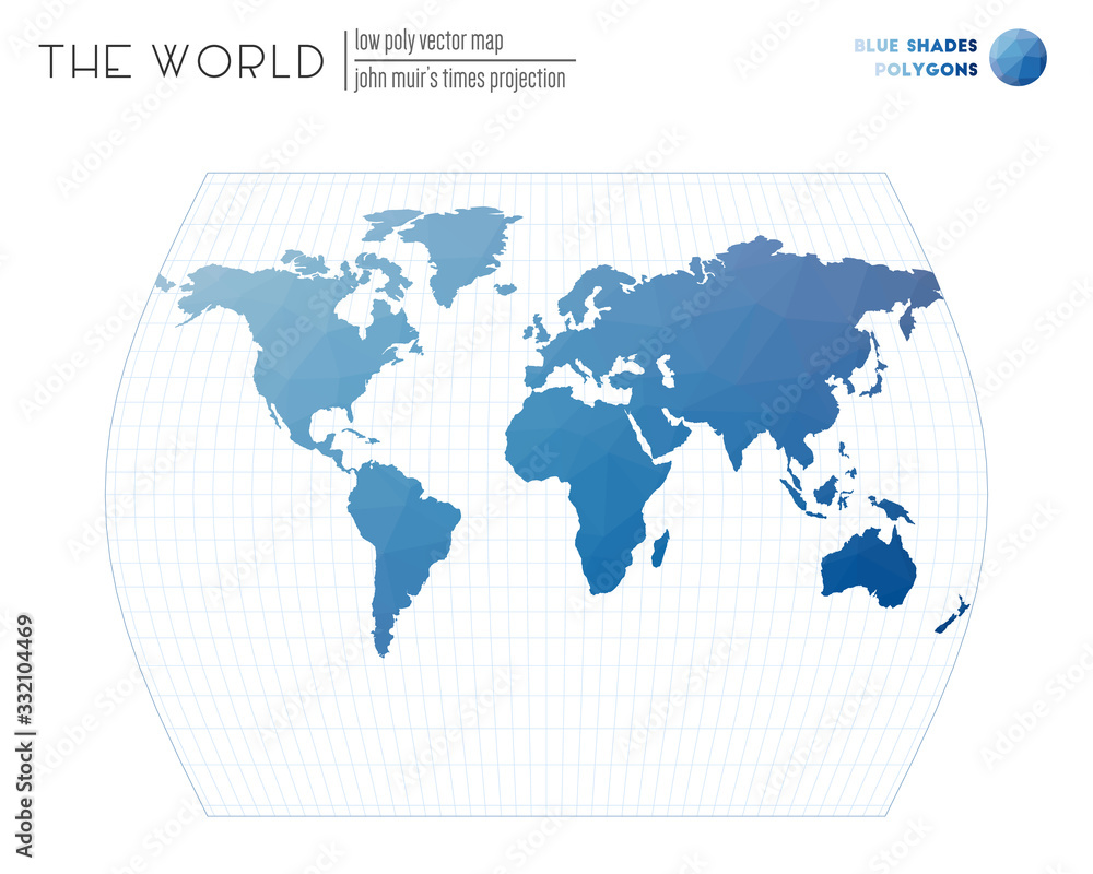 Abstract world map. John Muir's Times projection of the world. Blue Shades colored polygons. Neat vector illustration.