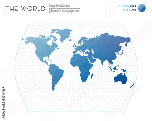 Abstract world map. John Muir s Times projection of the world. Blue Shades colored polygons. Neat vector illustration.
