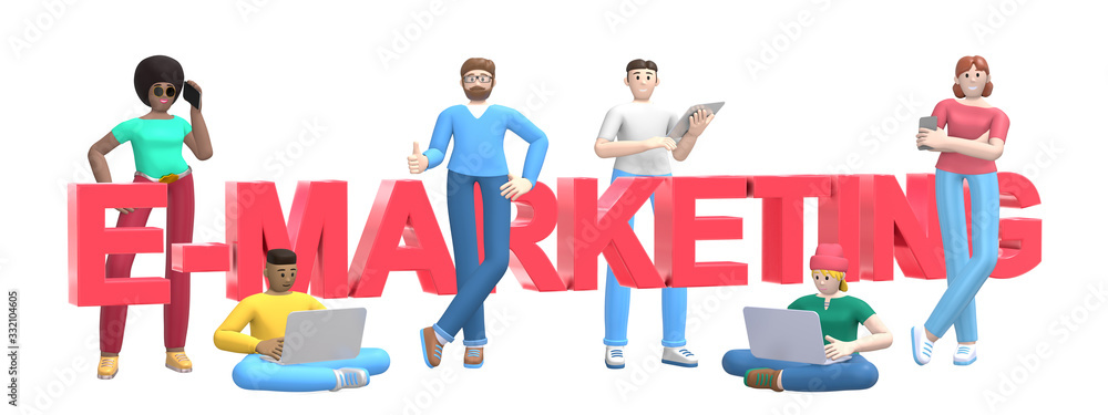 Group of young multiethnic successful people with laptop, tablet, phone and word e marketing on white background. Horizontal banner cartoon character and text website slogan. 3D rendering.