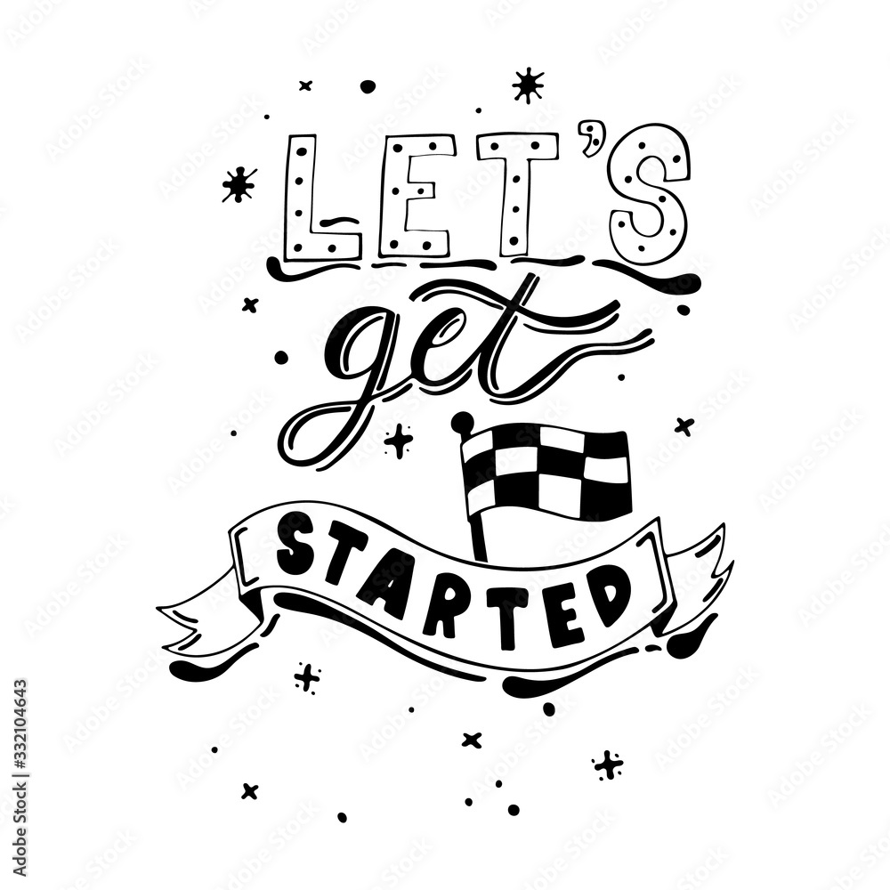 Let's get started is word of hand lettering graphic design vector file including shining stars and dots