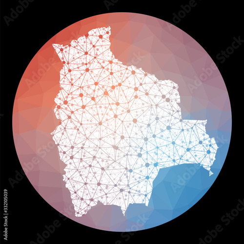 Vector network Bolivia map. Map of the country with low poly background. Rounded Bolivia illustration in technology, internet, network, telecommunication concept style. Authentic vector illustration.