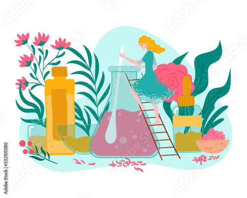 Orgnanic natural cosmetics with young girl, tropical leaves, flowers cosmetology products in bottles, jars and tubes for skin care flat cartoon vector illustration. Skincare cosmetologist concept.