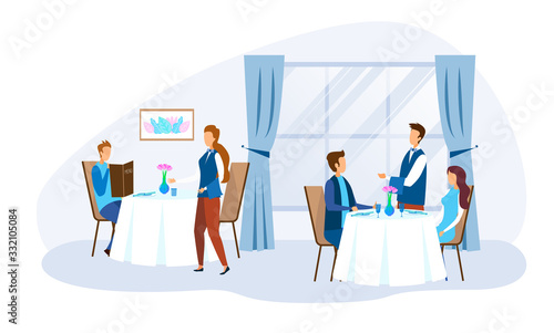 Cartoon People Characters Sitting at Table and Making Food and Drinks Order. Restaurant Staff Serving Clients. Men and Women Spending Time in Futuristic Catering. Vector Flat Illustration