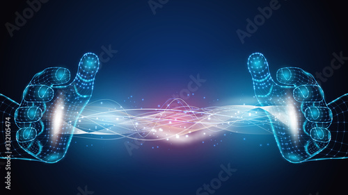 Vector illustration of artificial intelligence holding an energy field in his hands. Science, futuristic, web, network concept, communications, high technology. EPS 10
