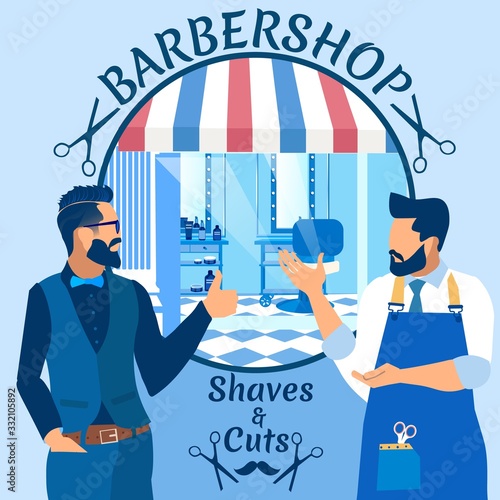 Shaves and Cuts Banner with Grateful Man Customer Show Thumb Up Thank Barber for Perfect Job. Beauty and Spa Procedures and Services in Grooming Place for Men Fashion Cartoon Flat Vector Illustration