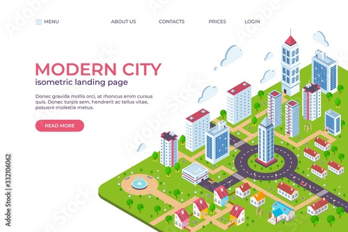 Isometric city landing page. 3D smart city concept with skyscrapers, business centers, streets and cars. Vector illustration web page template, modern smart future town with skyscrapers other building