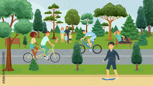 People relaxing in summer park, outdoor activities, happy families cartoon vector illustration. Man on bench, bicyclists, husband, wife with children and dog, parkland with trees. Park in summertime.