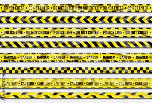 Danger ribbon. Yellow caution tape with warning signs for police crime scene or construction area. Vector illustration realistic attention stripes industrial area alert © SpicyTruffel