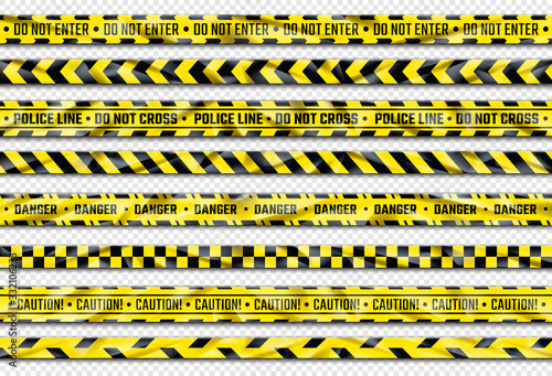 Danger ribbon. Yellow caution tape with warning signs for police crime scene or construction area. Vector illustration realistic attention stripes industrial area alert
