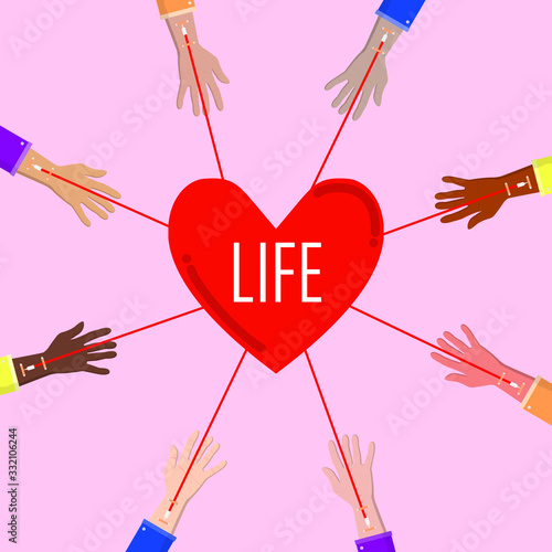 International blood donation. Different skin color hands donor blood with heart symbol at the center on pink background.