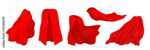 Red superhero cape. Realistic 3D hero cloak of drape, illusionist silk cloth, vampire decorative costume. Vector illustration carnival clothes set, isolated heroes mantle