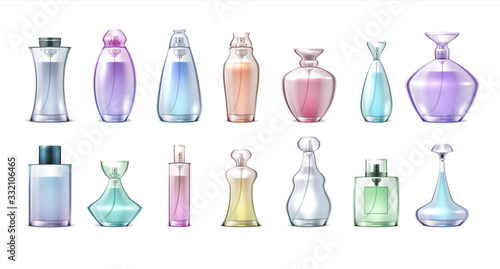 Fragrance bottles. Realistic clear glass with perfumes, collection of elegant cosmetic makeup vials. Vector aroma water spray into container different shape for woman