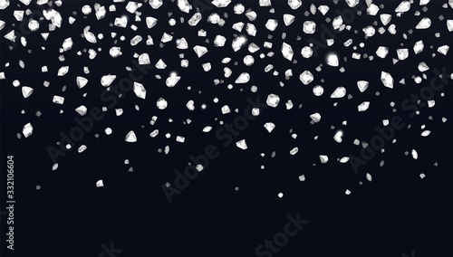 Falling diamonds. Pattern background with realistic 3D transparent gems isolated on white. Vector luxury transparent stones with shiny edges of different shapes for fashion illustrations photo