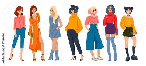 Stylish women. Cartoon fashion characters wearing elegant casual clothes, young hipster girls with formal outfits. Vector collection of trendy looks group young girl