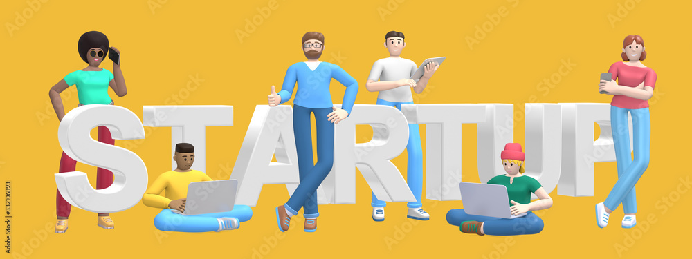 Group of young multiethnic successful people with laptop, tablet, phone and word startup on yellow background. Horizontal banner cartoon character and text website slogan. 3D rendering. Group of young multiethnic successful people with laptop, tablet, phone and word startup on yellow background. Horizontal banner cartoon character and text website slogan. 3D rendering.