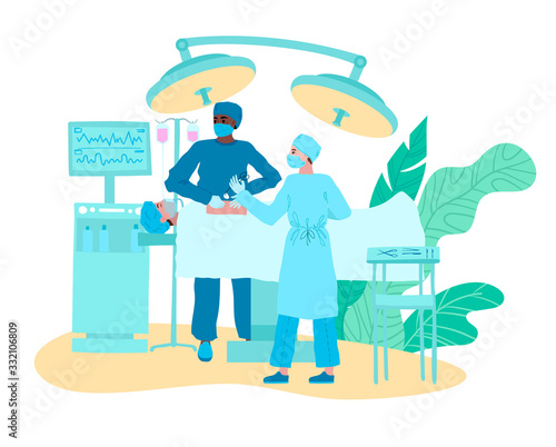 Doctors medical surgeons in operation theater on surgery cartoon vector illustration isolated on white. Screen pulse patient in surgical operating room, caucasian and afro american assistant doctors .