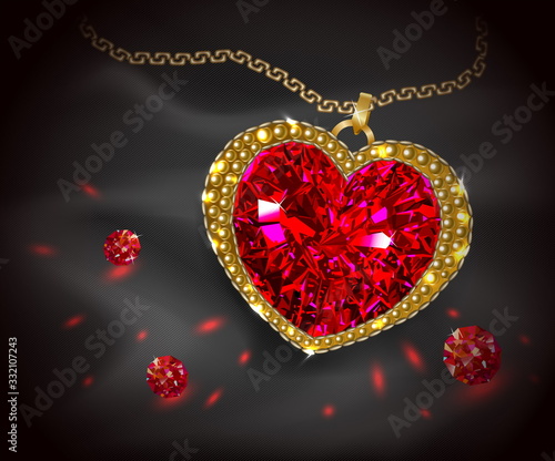 Beautiful gemstone red ruby. Red diamond. Jewelry pendant heart shaped. Vector illustration.