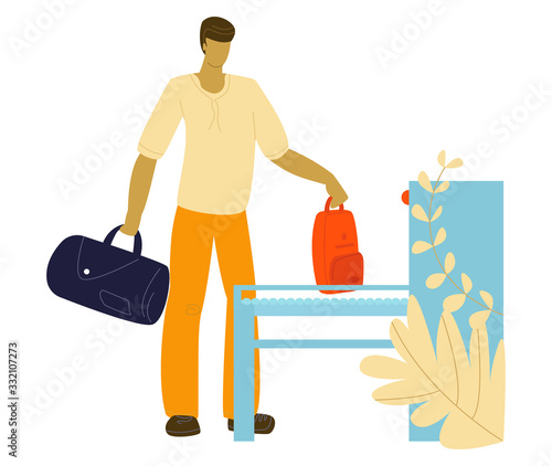 Tourist in airport with baggage traveling, journey flat vector illustration isolated. Man putting luggage suitcases on moving board at the airport. Tourism and trip vacation tour depature terminal.
