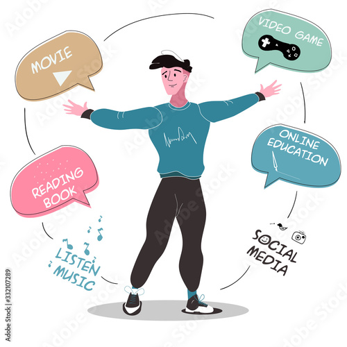 Flat character that spends fruitful time at home under quarantine.vector illustration. EPS 10