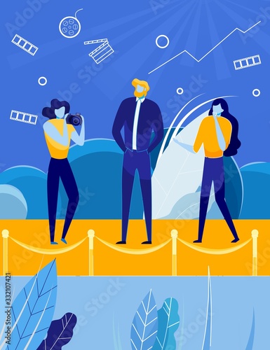 Superstar under Reporters and Fans Attack. Celebrity and journalists - Elegant Star, Famous Actor and Newsmaker Photographing. Mass Pop Culture Event or Ceremony. Flat Cartoon Vector Illustration.