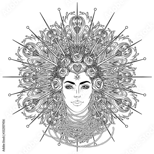 Tribal Fusion Boho Goddess. Beautiful divine diva girl with ornate crown, kokoshnik inspired. Bohemian goddess. Hand drawn elegant illustration. Lotus flower, ethnic art, patterned Indian paisley.