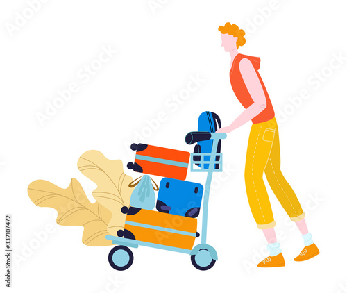 Tourist in airport with baggage traveling, journey flat vector illustration isolated on white. Man pushing luggage suitcases on trolley at the airport. Tourism and trip vacation tour.