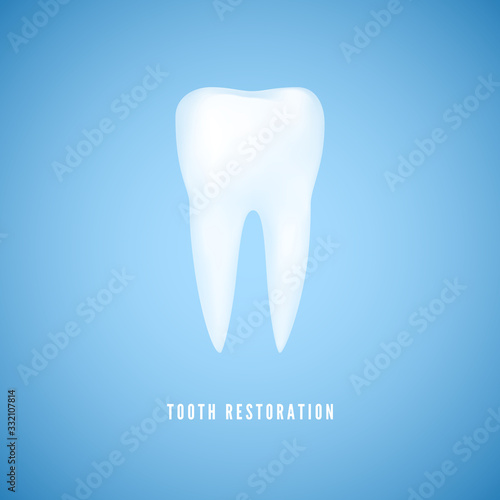 White realistic tooth illustration. Clear health Molar. Dentist care and tooth restoration medicine background on blue background. Vector