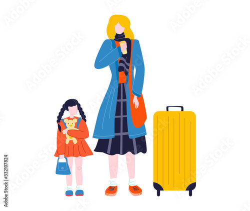 Tourist woman walking with suitcase baggage in airport traveling, journey isolated on white flat vector illustration. Summer vacation, young woman, luggage at the airport.