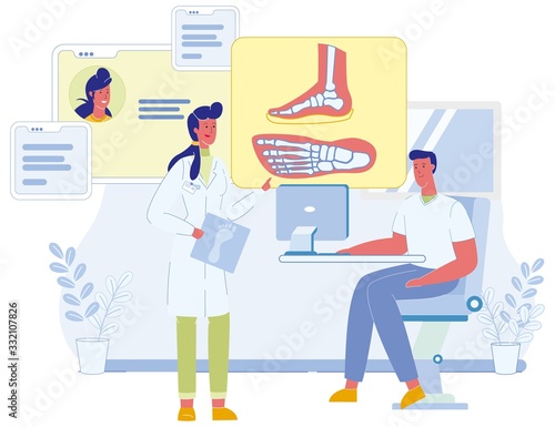 Two Male and Female Podiatrist Characters Discussing Patient Foot Deformation on X-Ray Cartoon Image. Pathology and Illness Medical Discussion. Medicine and Healthcare. Vector Flat Illustration