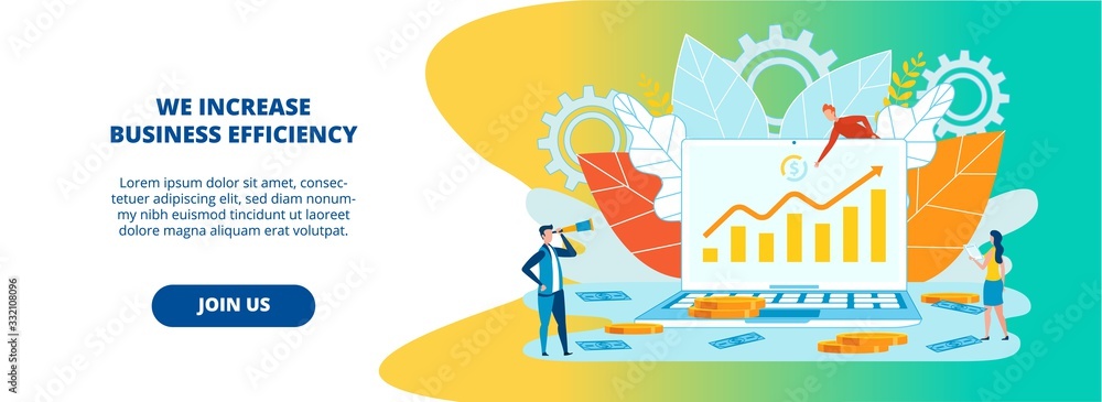 Advertising Banner We Increase Business Efficiency. Improving Search Engine Rankings. On Laptop Screen Chart with Rising Indicators, around Gold Coins and Banknotes. Vector Illustration.