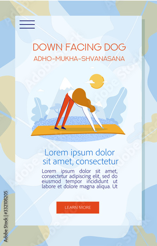 Flat Mobile Landing Page Advertising Yoga Training Outdors. Cartoon Slim Young Woman Instructor, Female Trainer Character Standing in Downward Facing Dog Posture. Vector Natural Illustration