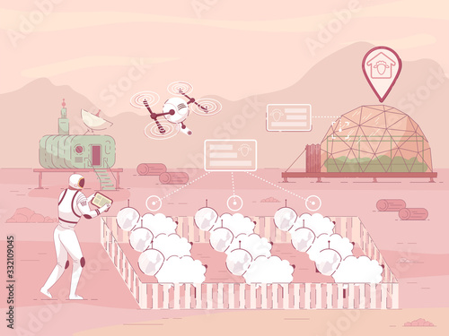Flat Poster Raising Sheep On Colonized Planet. Farming Colony on another Planet is Developing Dynamically. Astronaut Spacesuit Gives Commands to Robots to Care for Sheep. Vector Illustration.