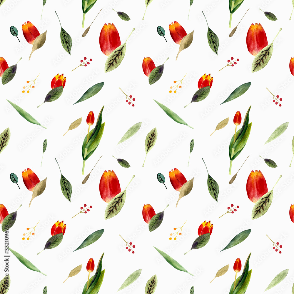 Seamless pattern with tulips and leaves on white background. Watercolor illustration Seamless pattern with tulips and leaves on white background. Watercolor illustration