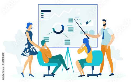Annual Business Report Flat Vector Illustration. Office Worker and Bosses, Teacher and Students Cartoon Characters. Economic School Lecture, Corporate Coaching. Financial Statement, Presentation