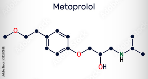 Metoprolol,  C15H25NO3 molecule. It is used in the treatment of hypertension and angina pectoris. Structural chemical formula