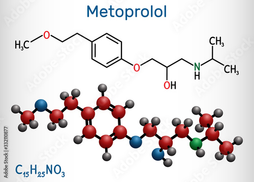Metoprolol,  C15H25NO3 molecule. It is used in the treatment of hypertension and angina pectoris. Structural chemical formula and molecule model