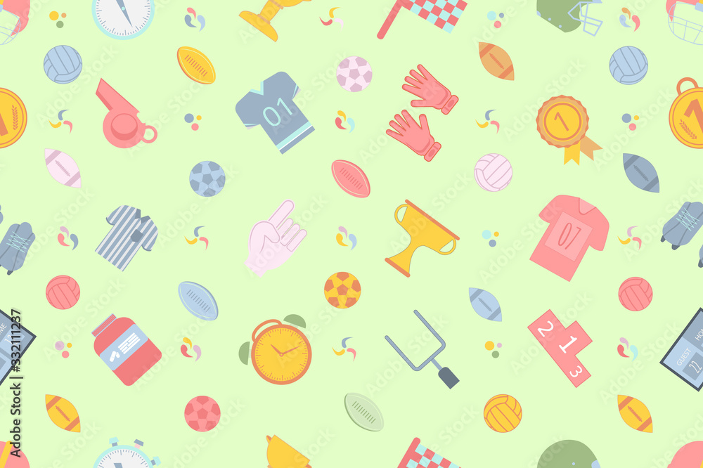 Stylish seamless pattern on the theme of sports, football on a light green background. Colorful vector illustration. Stylish seamless pattern on the theme of sports, football on a light green background. Colorful vector illustration.