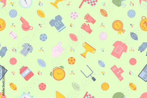 Stylish seamless pattern on the theme of sports, football on a light green background. Colorful vector illustration.