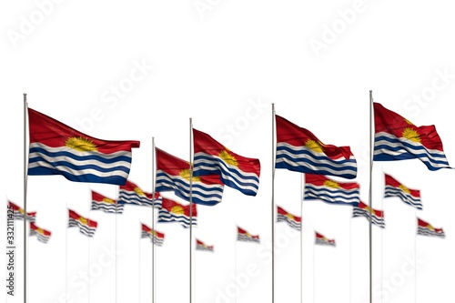 pretty national holiday flag 3d illustration. - Kiribati isolated flags placed in row with bokeh and space for text