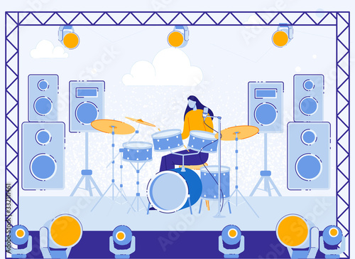 Summer Time Festival Performance, Woman Artist Sitting on Openair Stage with Percussion Drumkit Performing Rock Composition Playing Drums During Talent Show Event. Cartoon Flat Vector Illustration