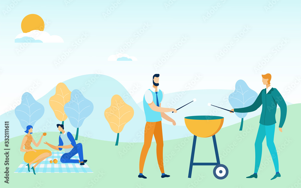 Friends Barbeque Party Flat Cartoon Vector Illustration. Couple Enjoying Weekend Meal Sitting on Blanket. Two Men Grilling Marshmello. Picnic in Park, Garden, Yard, Countryside. Having Fun.