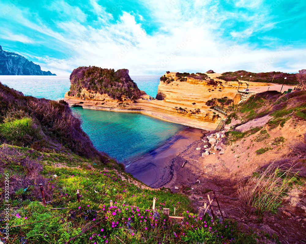 Beautiful landscape with cliffs popular Canal of Love (Canal d'Amour) on the island of Corfu, Greece. tourist attractions. amazing charming place.